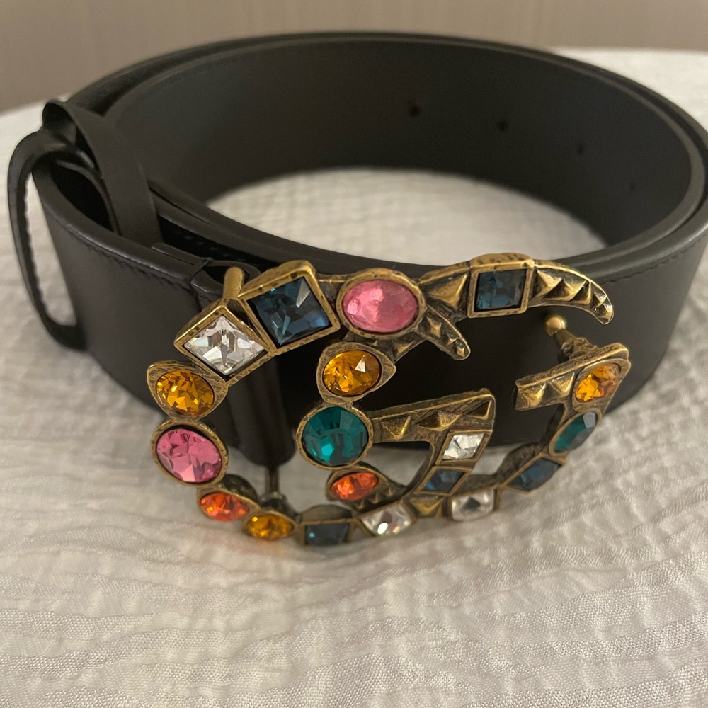 Calfskin Crystal Double G 40mm Belt Black Multicolor